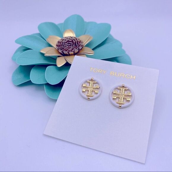NWOT Tory Burch Gold Double T With White Enamel Trim Round Earrings - Picture 3 of 8